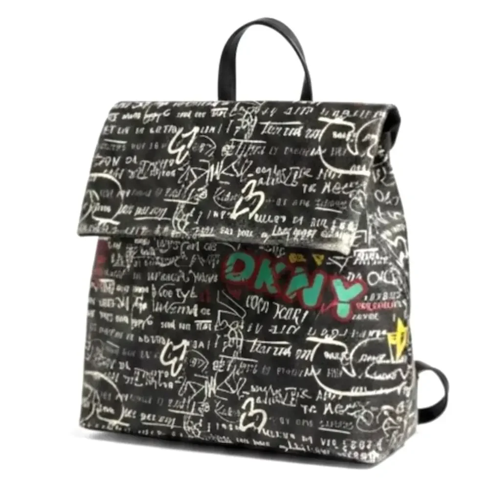 DKNY Graffiti Logo Print Backpack Black White Zip